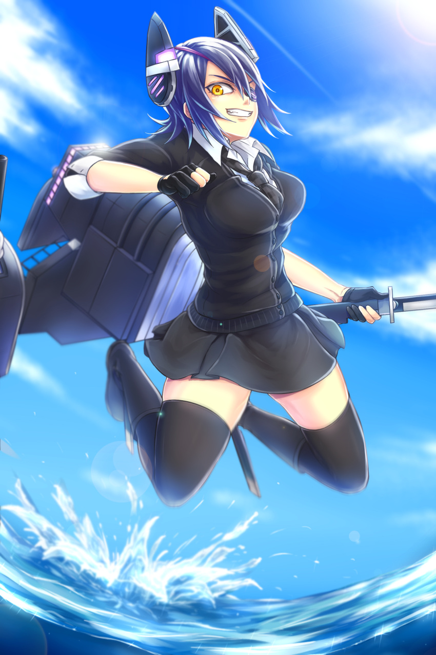 1girl black_legwear blue_sky boots breasts eyepatch gloves headgear highres jumping kantai_collection large_breasts looking_at_viewer nature ocean purple_hair ruuto_(ruto3) school_uniform short_hair skirt sky smile solo sword tenryuu_(kantai_collection) thigh-highs water weapon yellow_eyes zettai_ryouiki