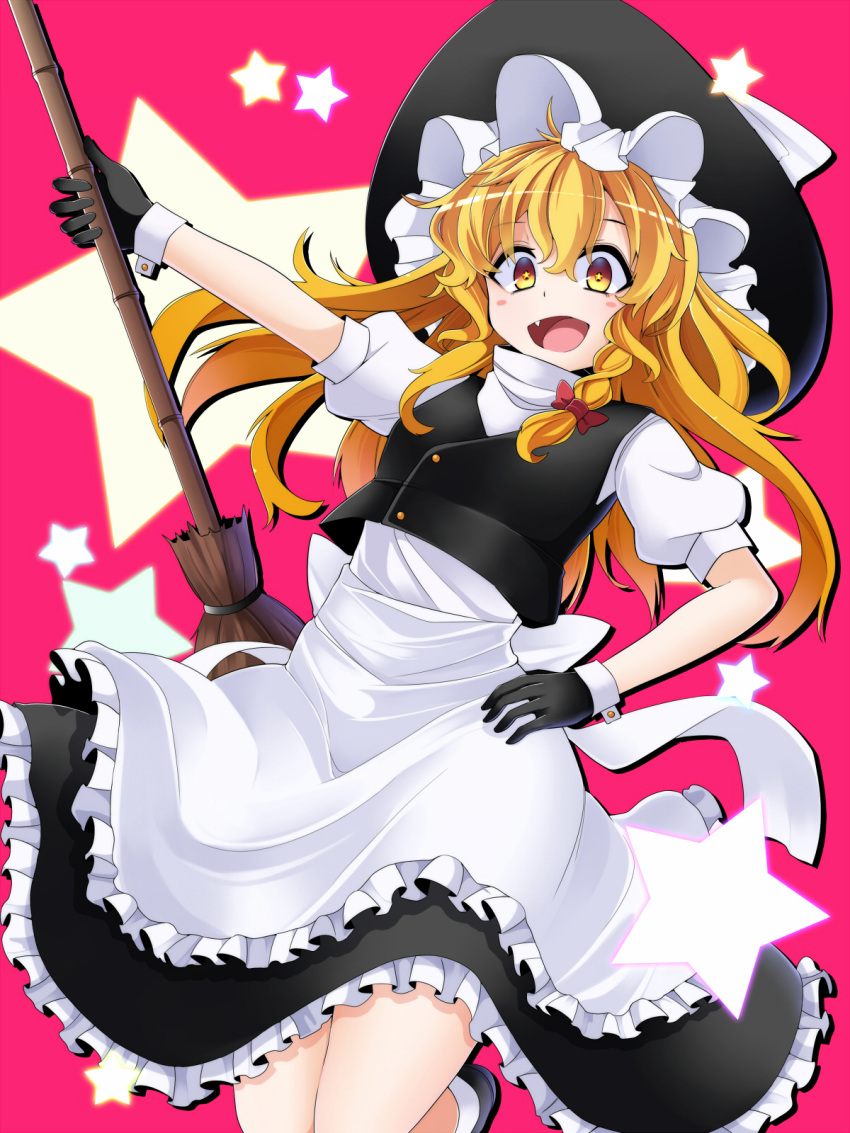 1girl apron bamboo_broom black_gloves blonde_hair braid broom fang gloves hat highres kirisame_marisa long_hair looking_at_viewer pink_background puffy_short_sleeves puffy_sleeves rihito_(usazukin) shirt short_sleeves single_braid skirt skirt_set solo star touhou vest waist_apron witch_hat yellow_eyes