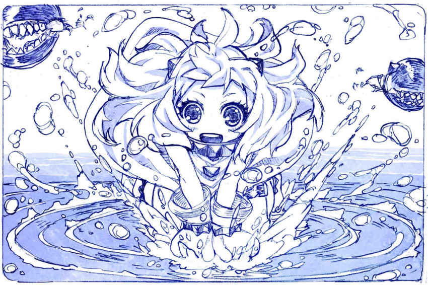1girl :d dress floating_fortress_(kantai_collection) horns kantai_collection long_hair looking_at_viewer mittens northern_ocean_hime open_mouth sakino_shingetsu sketch smile water white_dress white_hair white_skin