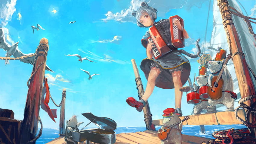 1girl animal_ears bird bloomers blue_sky bowtie capelet clouds commentary_request dancing dress drum drumsticks formal grey_dress guitar instrument kaatoso legs mouse mouse_ears mouse_tail nazrin ocean one_eye_closed perspective piano red_eyes red_shoes rope ship shoes short_hair silver_hair sky socks solo suit sun sunlight tagme tail touhou underwear vest winking