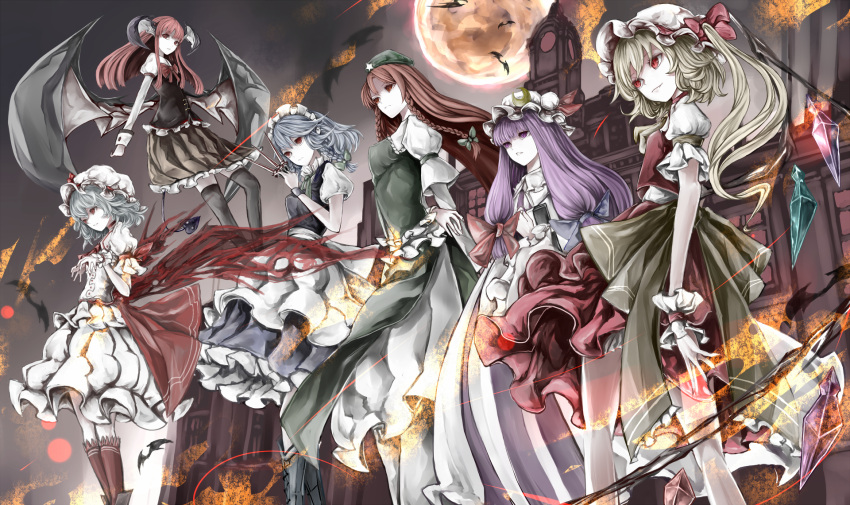 6+girls alternate_eye_color animal apron bat bat_wings blonde_hair blue_hair bow braid crescent crystal demon_tail flandre_scarlet full_moon hair_bow hair_ornament hat hat_bow head_wings highres hong_meiling izayoi_sakuya koakuma long_hair mob_cap moon multiple_girls patchouli_knowledge ponytail pose puffy_sleeves purple_hair red_eyes redhead remilia_scarlet ribbon sash scarlet_devil_mansion shirt short_hair short_sleeves side_ponytail silver_hair skirt skirt_set smile tail the_embodiment_of_scarlet_devil touhou twin_braids vest violet_eyes waist_apron wings wrist_cuffs yutapon