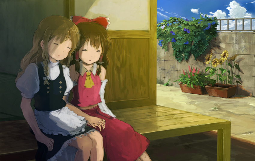 2girls apron ascot black_dress blonde_hair blue_sky bow braid brown_hair chokokorone_(artist) closed_eyes clouds collared_shirt condensation_trail detached_sleeves dress flower flower_request frilled_dress frills hair_bow hair_tubes hakurei_reimu holding_hands interlocked_fingers kirisame_marisa long_hair midriff multiple_girls navel outdoors parted_lips porch puffy_short_sleeves puffy_sleeves red_skirt revision ribbon-trimmed_sleeves ribbon_trim short_dress short_hair short_sleeves single_braid skirt sky sleeping sleeveless touhou turtleneck wall