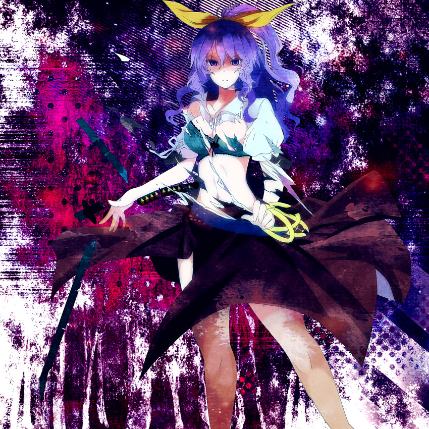 bangs blue_bra bra bracelet breasts broken broken_sword broken_weapon collarbone collared_shirt commentary_request dress frown hair_ribbon highres jewelry large_breasts legs long_hair looking_at_viewer ponytail purple_hair ribbon shaded_face standing stomach sword thighs tk31elpis torn_bra torn_clothes torn_dress torn_shirt touhou underwear violet_eyes watatsuki_no_yorihime weapon