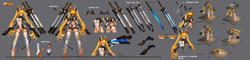 1girl absurdres android blonde_hair bodysuit character_profile gun hanshu highres long_hair long_image orange_eyes original skin_tight solo sword tail thigh-highs twintails weapon wide_image