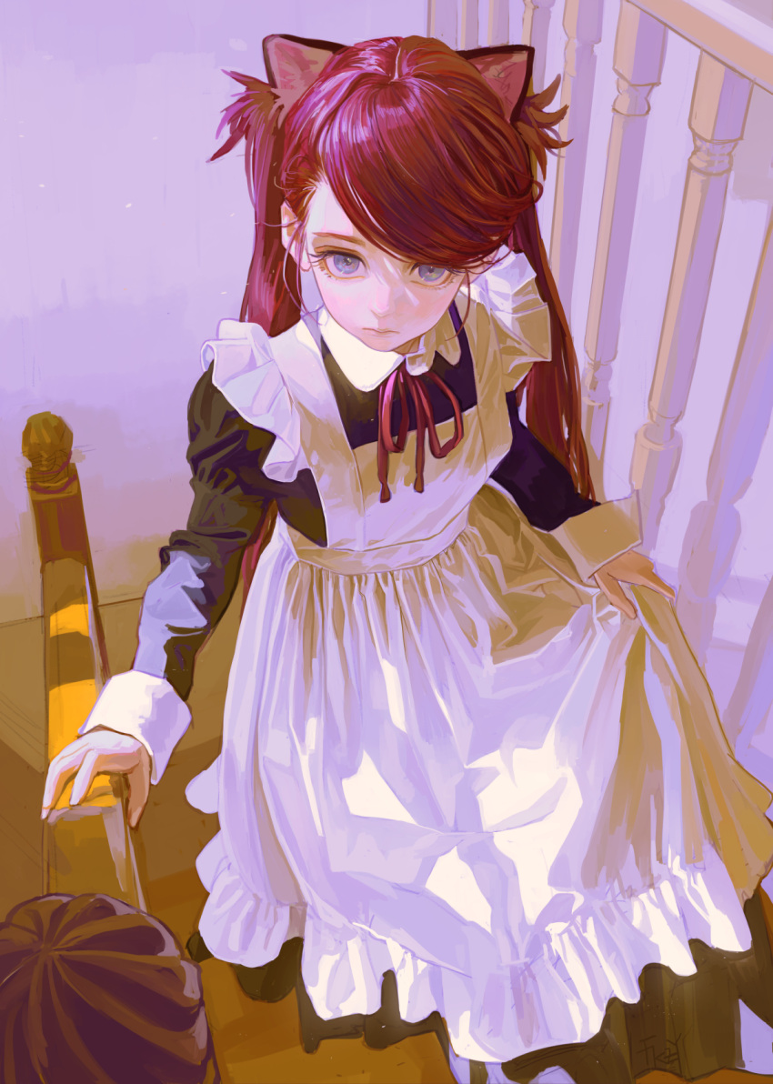 1girl animal_ears apron black_dress cat_ears cat_girl closed_mouth clothes_lift dress dress_lift feiqizi_(fkey) fkey grey_eyes highres lifted_by_self long_hair long_sleeves looking_at_viewer maid maid_apron maid_headdress original redhead solo stairs twintails walking white_apron wrist_cuffs
