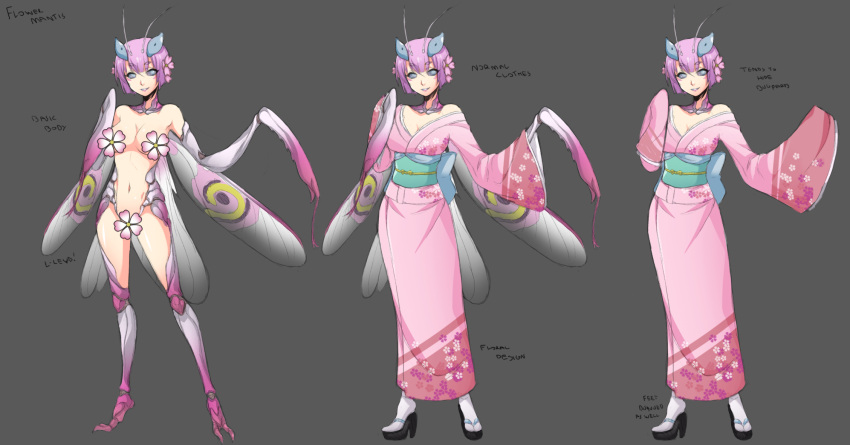 1girl antennae blue_eyes breasts censored character_sheet claws cleavage extra_eyes flower grey_background hair_flower hair_ornament high_heels highres insect_girl japanese_clothes kimono monster_girl navel no_hands novelty_censor nude obi off_shoulder original praying_mantis purple_hair sash short_hair smile solo spike_wible white_legwear