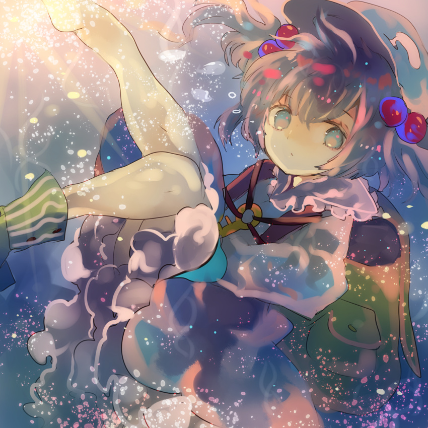 1girl backpack bag barefoot black_hair blue_eyes boots boots_removed bubble cha_goma dress floating_hair frilled_skirt frills hair_bobbles hair_ornament highres kawashiro_nitori light_rays light_trail long_sleeves looking_at_viewer shirt short_hair skirt skirt_set solo sunbeam sunlight touhou twintails underwater water wet wet_clothes