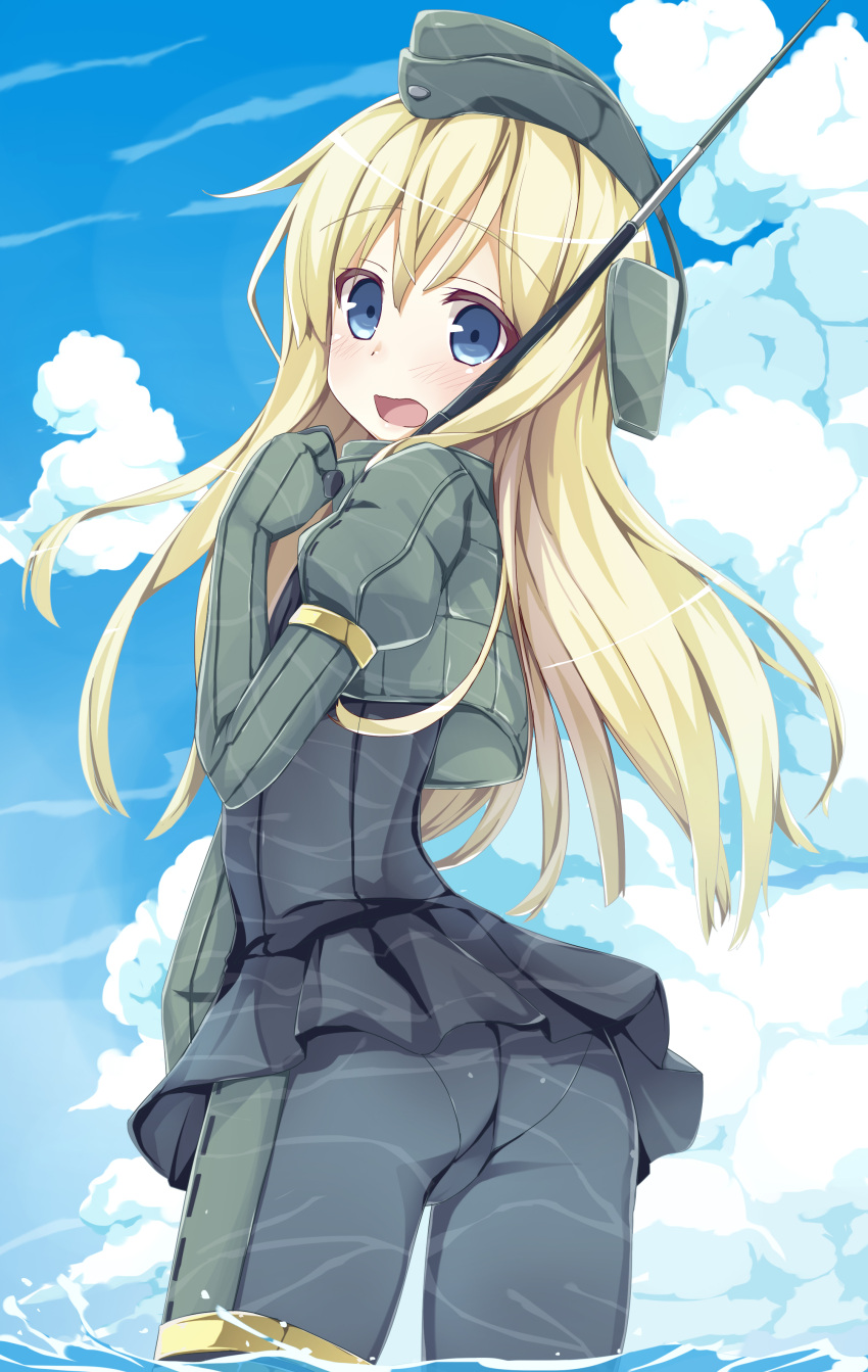 1girl absurdres black_dress blue_eyes blue_sky blush cropped_jacket dress garrison_cap hat highres kantai_collection long_hair looking_at_viewer looking_back military military_hat military_uniform open_mouth pantyhose puffy_sleeves satou_(kuso-neet) sky solo u-511_(kantai_collection) uniform wading wavy_mouth