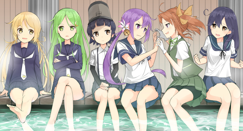 6+girls absurdres ahoge akebono_(kantai_collection) arare_(kantai_collection) arm_warmers bangs bare_legs barefoot bell black_hair blonde_hair blouse blue_skirt blunt_bangs brown_eyes brown_hair collared_shirt crescent_hair_ornament crossed_arms crossed_legs feet_in_water flower gloves green_eyes green_hair grey_skirt hair_bell hair_flower hair_ornament hair_ribbon highres holding_hands jingle_bell kagerou_(kantai_collection) kantai_collection long_hair long_sleeves looking_at_another low_twintails max_melon_teitoku multiple_girls nagatsuki_(kantai_collection) neckerchief open_mouth pleated_skirt purple_hair ribbon sailor_collar satsuki_(kantai_collection) school_uniform serafuku short_hair side_ponytail sitting skirt soaking_feet suspenders twintails ushio_(kantai_collection) vest violet_eyes visor_cap water white_gloves yellow_eyes
