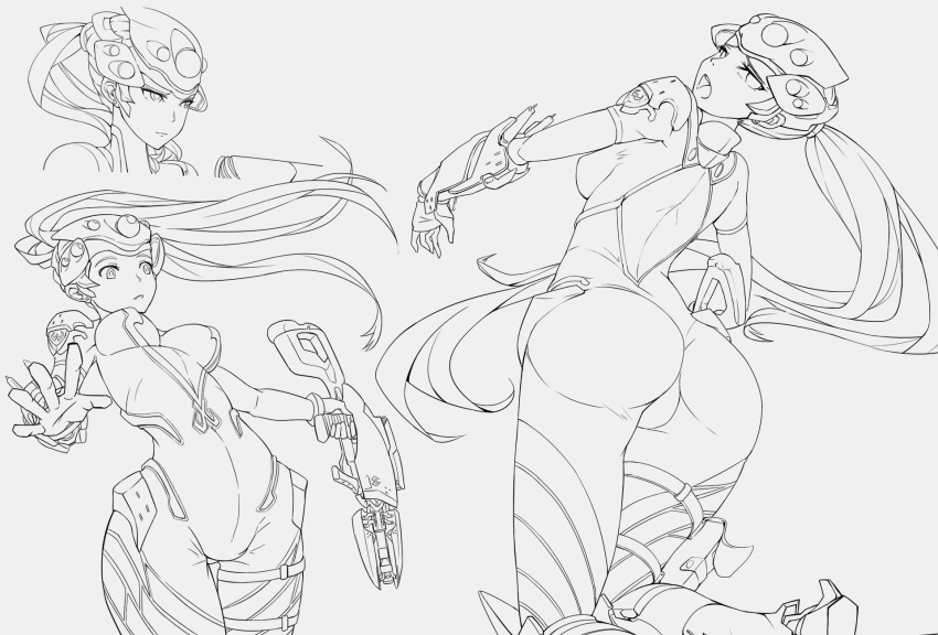 1girl amelie_lacroix ass back bodysuit breasts character_name gun highres long_hair looking_at_viewer looking_back open_mouth overwatch phandit_thirathon ponytail rifle simple_background sketch solo thigh-highs tongue visor weapon white_background widowmaker_(overwatch)