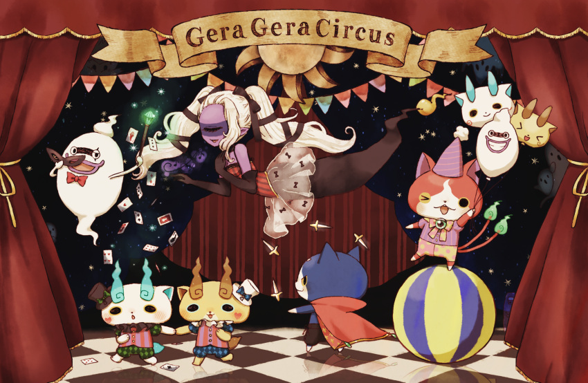 &gt;_&lt; balloon black_eyes black_gloves blush boobou cameo cane cape card cat character_balloon character_request checkered checkered_floor chestnut_mouth closed_eyes curtains elbow_gloves fangs fuyunyan ghost gloves grin hat heart highres jibanyan juggling kanacho knife koma-san komajirou long_hair looking_at_viewer multiple_tails no_humans one_eye_closed open_mouth playing_card pointy_ears purple_lips purple_skin reflection smile tail top_hat twintails two_tails whispering youkai_watch
