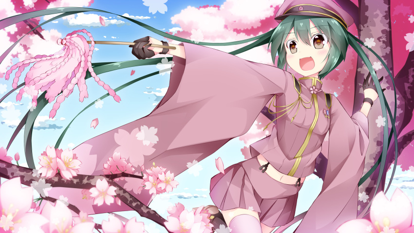 1girl cherry_blossoms clouds green_hair hat hatsune_miku highres inumine_aya long_hair navel open_mouth outstretched_arm peaked_cap project_diva project_diva_f senbon-zakura_(vocaloid) skirt sky solo thighhighs tree twintails very_long_hair vocaloid