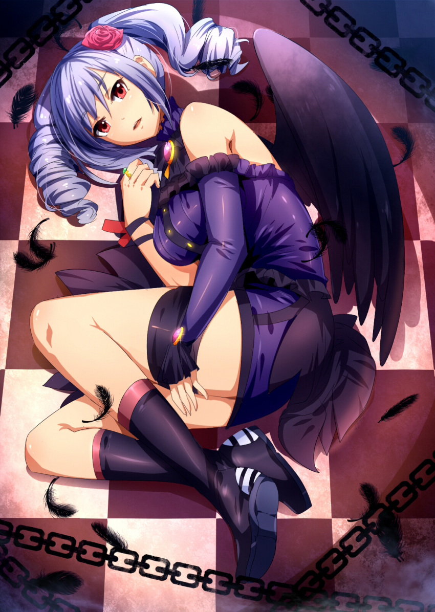 1girl angel_wings bare_shoulders bird_wings black_wings blue_hair brooch chain checkered checkered_floor detached_sleeves drill_hair feathers highres idolmaster idolmaster_cinderella_girls jewelry kanzaki_ranko long_hair long_sleeves lying miniskirt on_side open_mouth red_eyes ring shirt silver_hair skirt skirt_set solo thigh_strap tile_floor tiles twin_drills twintails umakatsuhai wings wrist_ribbon