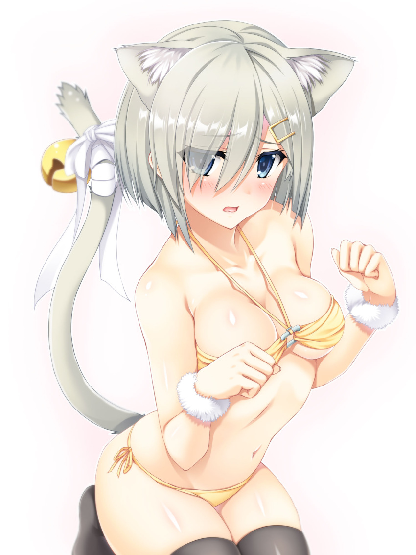 1girl animal_ears bare_shoulders bell bikini black_legwear blue_eyes blush breasts cat_ears cleavage hair_ornament hair_over_one_eye hairclip hamakaze_(kantai_collection) highres jingle_bell kantai_collection kemonomimi_mode large_breasts looking_at_viewer open_mouth paw_pose ribbon short_hair side-tie_bikini silver_hair simple_background solo swimsuit tail tail_bell tail_ribbon thigh-highs white_background yellow_bikini yujin-yujin