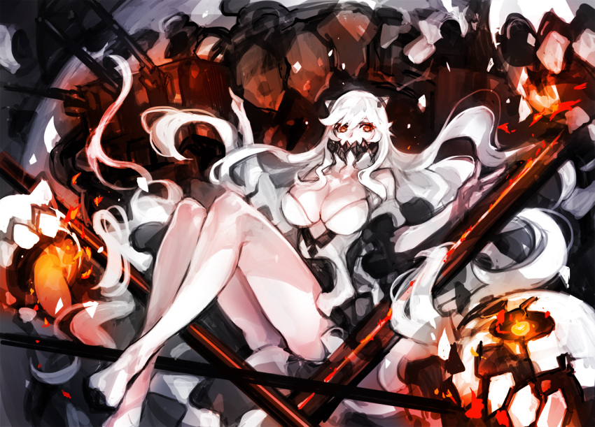1girl bare_legs breasts cleavage covering_mouth dakuro dress horns kantai_collection large_breasts long_hair looking_at_viewer machinery midway_hime pale_skin red_eyes shinkaisei-kan very_long_hair white_dress