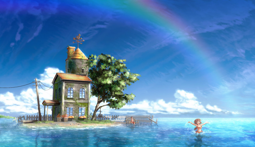 1boy 1girl bikini building kakisuke original rainbow scenery sitting sky smile swim_trunks swimming swimsuit telephone_pole tree water