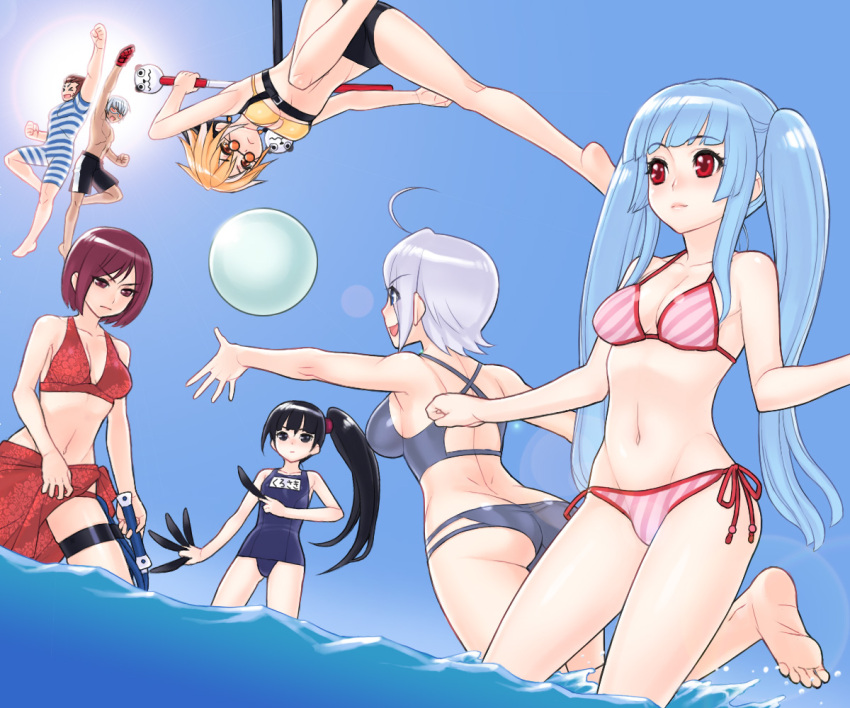 ass atk barefoot bikini black_hair blue_hair feathers k' king_of_fighters kula_diamond kurosaki_miu maxima nagase red_eyes shoryuken side-tie_bikini side_ponytail snk swimsuit twintails water whip whip_(kof)