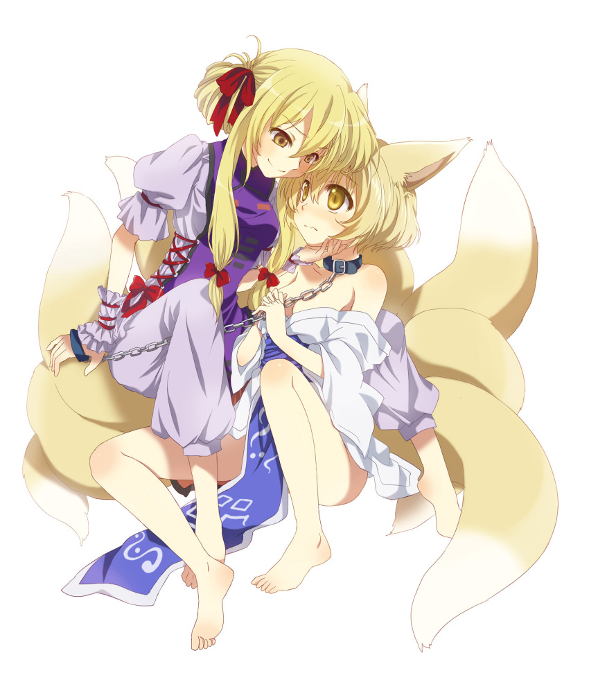 animal_ears barefoot blonde_hair chain chains collar eye_contact feet fox_ears fox_tail highres kona kona_(canaria) kyuubi leash multiple_girls multiple_tails short_hair tail touhou yakumo_ran yakumo_yukari yellow_eyes yuri