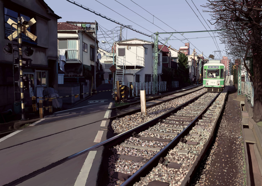 house power_lines railroad railroad_crossing railroad_tracks real_world_location realistic ritoru_(snow) street tokyo_(city) train tram tree
