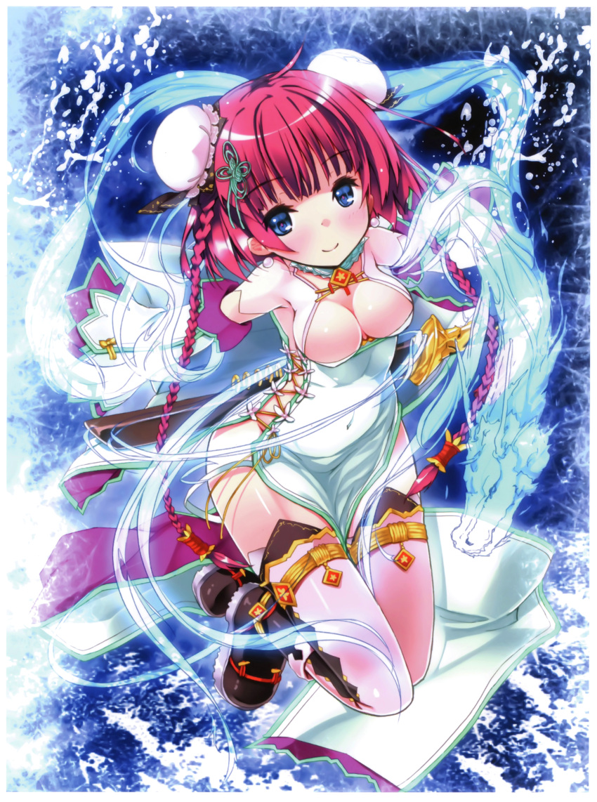 1girl absurdres blue_eyes boots braid breasts bun_cover china_dress chinese_clothes cleavage cleavage_cutout clothed_navel detached_sleeves double_bun dragon earrings hair_ornament highres huge_filesize jewelry kaku-san-sei_million_arthur looking_at_viewer pink_legwear redhead refeia scan smile solo thigh-highs twin_braids
