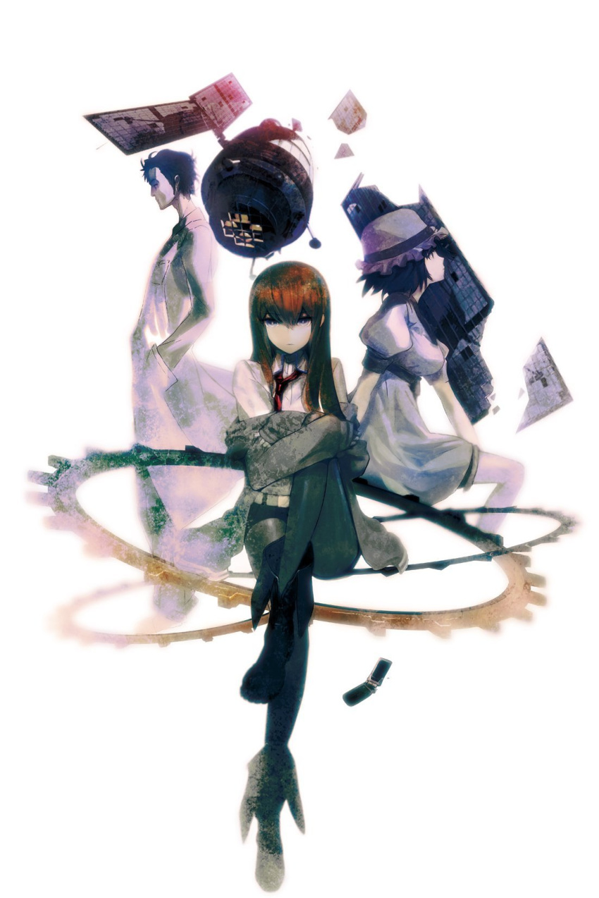 blue_eyes boots brown_hair cellphone gears hat highres huke jacket labcoat legwear_under_shorts long_hair makise_kurisu makisu_kurisu necktie off_shoulder official_art okabe_rintarou pantyhose phone satellite shiina_mayuri short_hair shorts sitting steins;gate