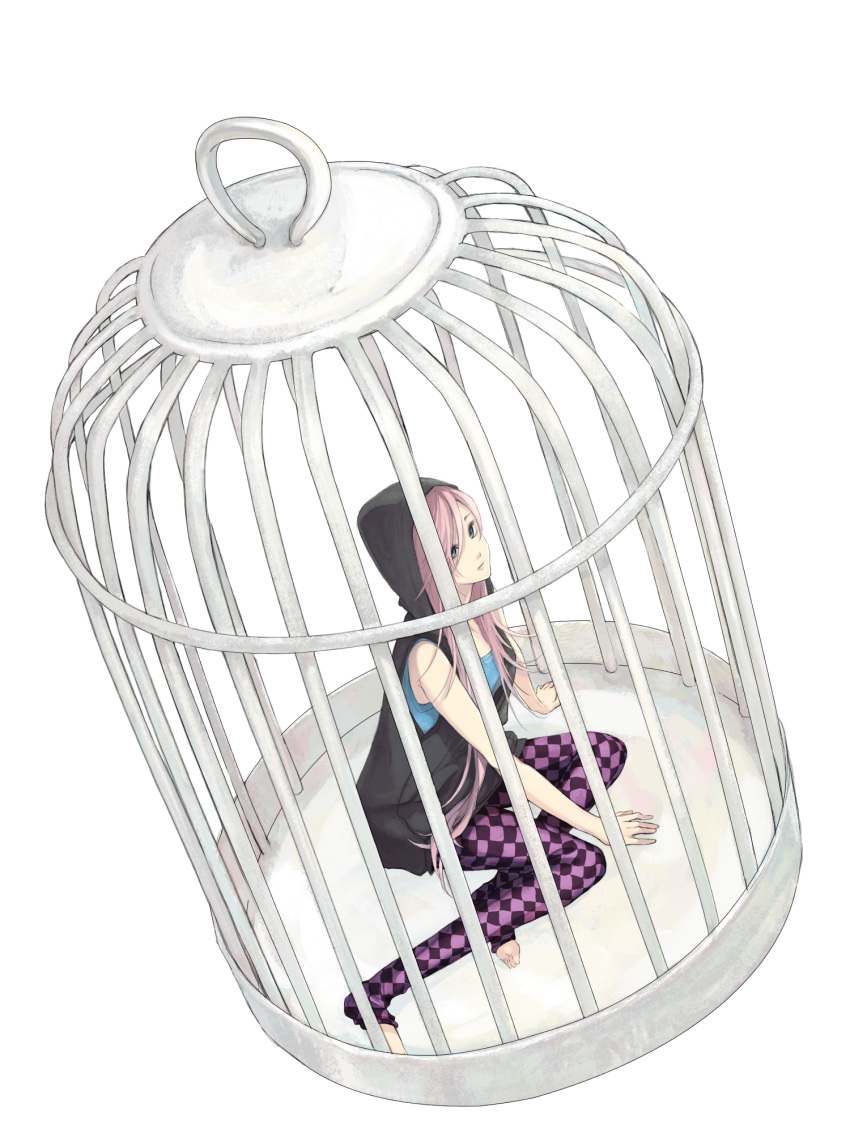blue_eyes cage highres hoodie long_hair megurine_luka physalis pink_hair simple_background sitting solo vocaloid