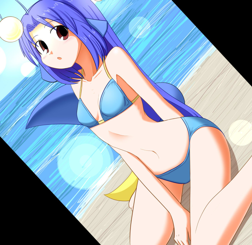 1girl beach blue_hair brown_eyes dutch_angle lanturn lens_flare long_hair looking_at_viewer midriff navel open_mouth original personification pokemon solo string_bikini sws