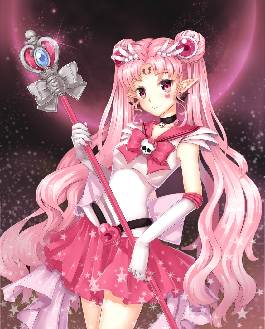 1girl absurdres adapted_costume alternate_color alternate_eye_color alternate_hair_color bat_earrings bishoujo_senshi_sailor_moon bow choker double_bun earrings elbow_gloves facial_mark fang gloves hair_ornament hairpin harbor_(artist) highres jewelry long_hair magical_girl pink_hair pink_skirt pointy_ears red_eyes ribbon sailor_collar sailor_moon skirt smile solo spiral_heart_moon_rod star tattoo tsukino_usagi twintails wand white_gloves