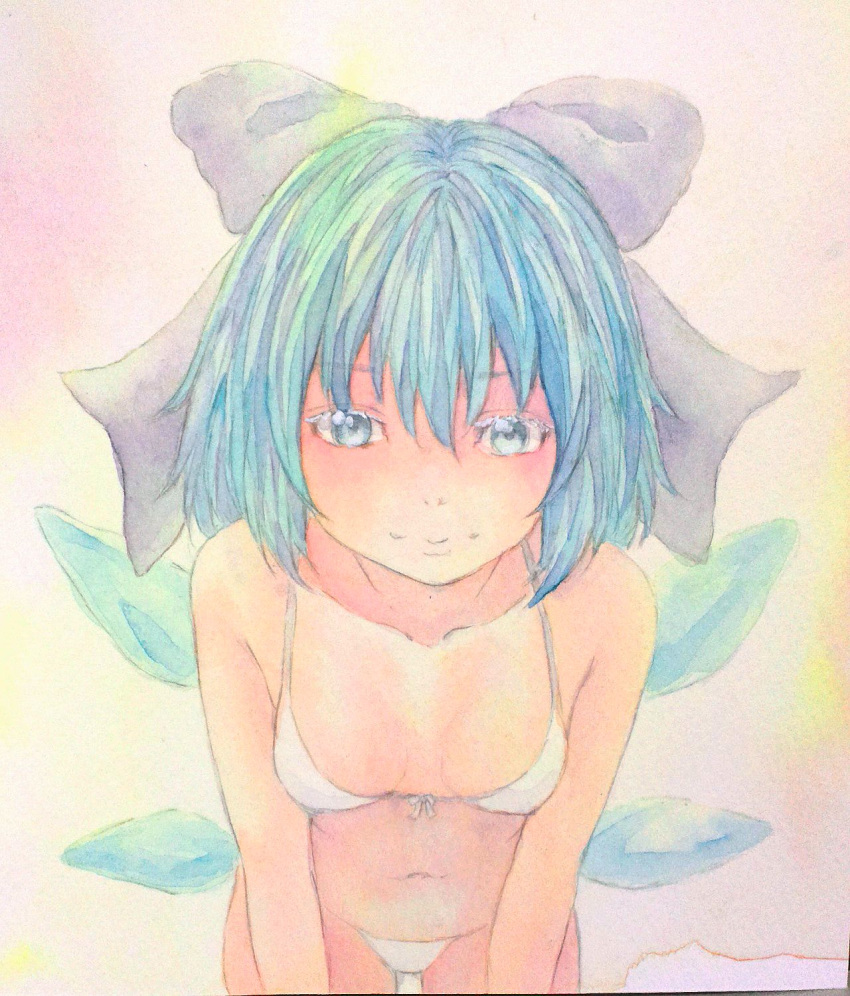 1girl bikini blue_eyes blue_hair bow breasts cirno collarbone front-tie_bikini front-tie_top hair_bow highres ice ice_wings leaning_forward looking_at_viewer navel pink_background short_hair small_breasts solo swimsuit touhou traditional_media upper_body watercolor_(medium) white_bikini white_swimsuit wings yuyu_(00365676)