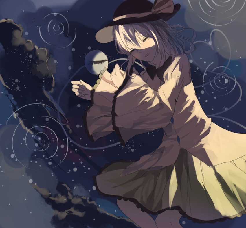 1girl blouse bow chocolate_(jitong) closed_eyes clouds frilled_skirt frilled_sleeves frills from_above green_skirt hat hat_bow highres komeiji_koishi light long_hair long_sleeves lying morning night night_sky on_side parted_lips reflection skirt sky sleeping solo star_(sky) starry_sky sunrise third_eye touhou wide_sleeves