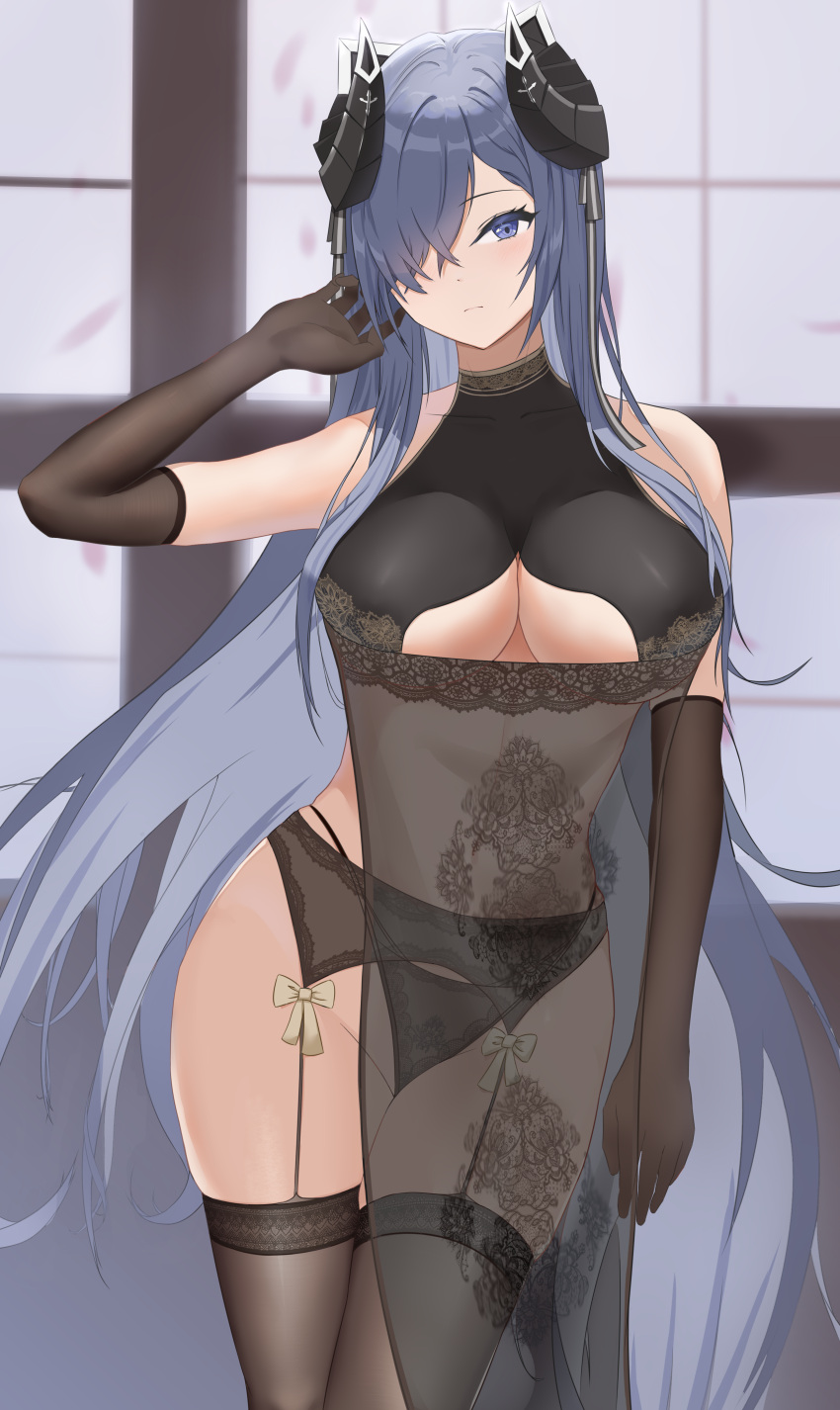 1girl absurdres alternate_costume august_von_parseval_(azur_lane) azur_lane black_legwear black_panties breasts brown_gloves china_dress chinese_clothes clothing_cutout curled_horns dress elbow_gloves garter_belt gloves hair_over_one_eye hand_in_hair highres horns large_breasts lianyungangwyz long_hair looking_at_viewer mechanical_horns panties pelvic_curtain purple_hair revealing_clothes see-through_dress standing thigh-highs underboob_cutout underwear very_long_hair violet_eyes