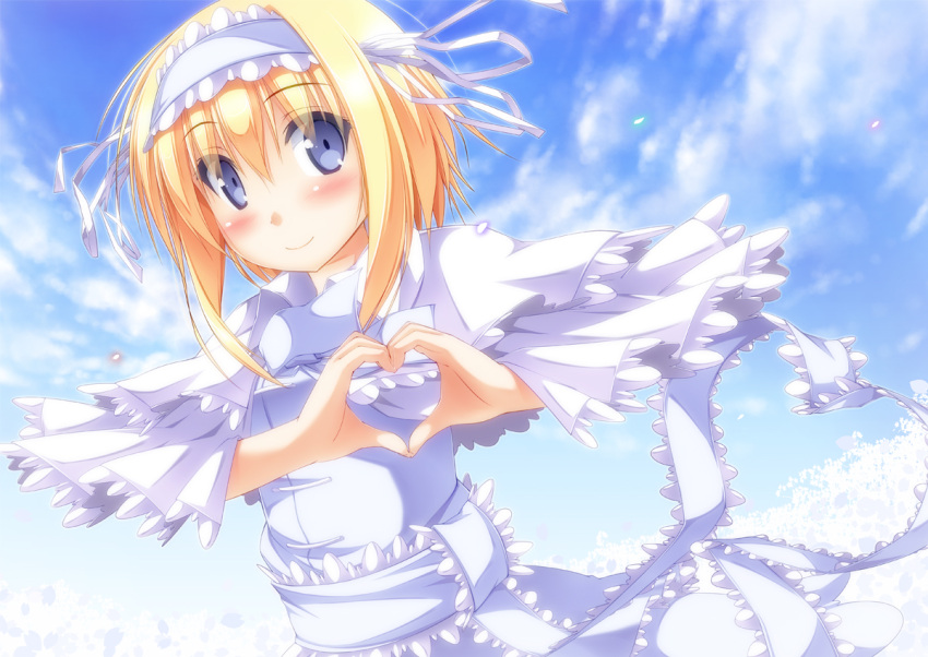1girl alice_margatroid alternate_color anni_minto ascot blonde_hair blue_eyes blush capelet hairband heart heart_hands solo touhou