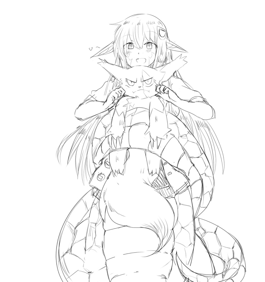 1girl artist_request claws crossover fang frown hair_ornament hairclip heart highres lamia long_hair miia_(monster_musume) monochrome monster_girl monster_musume_no_iru_nichijou pointy_ears pokemon scales sketch slit_pupils very_long_hair zangoose