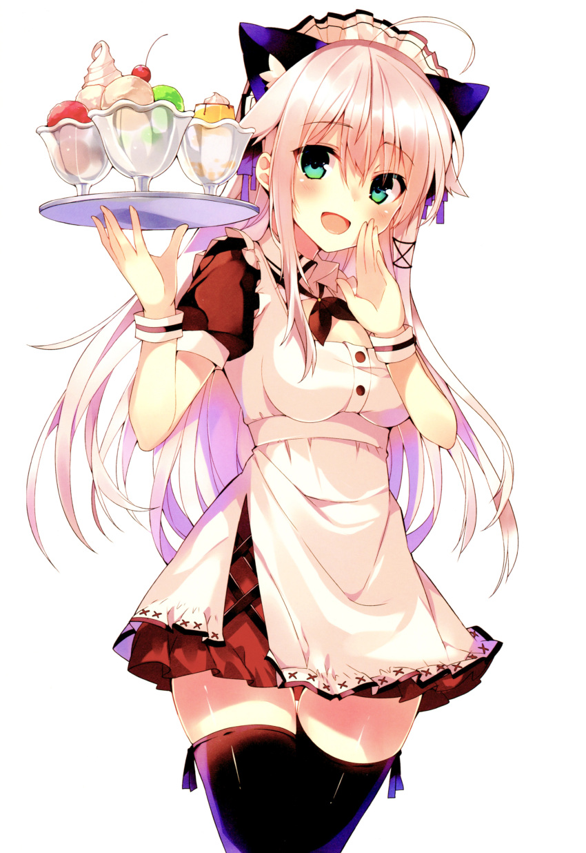 :d absurdres ahoge anceril_sacred animal_ears black_legwear blush cat_ears cowboy_shot dress fake_animal_ears food green_eyes hand_to_own_mouth highres ice_cream long_hair looking_at_viewer maid_headdress mishima_kurone open_mouth original payot scan silver_hair simple_background smile sundae thigh-highs tray white_background wrist_cuffs zettai_ryouiki