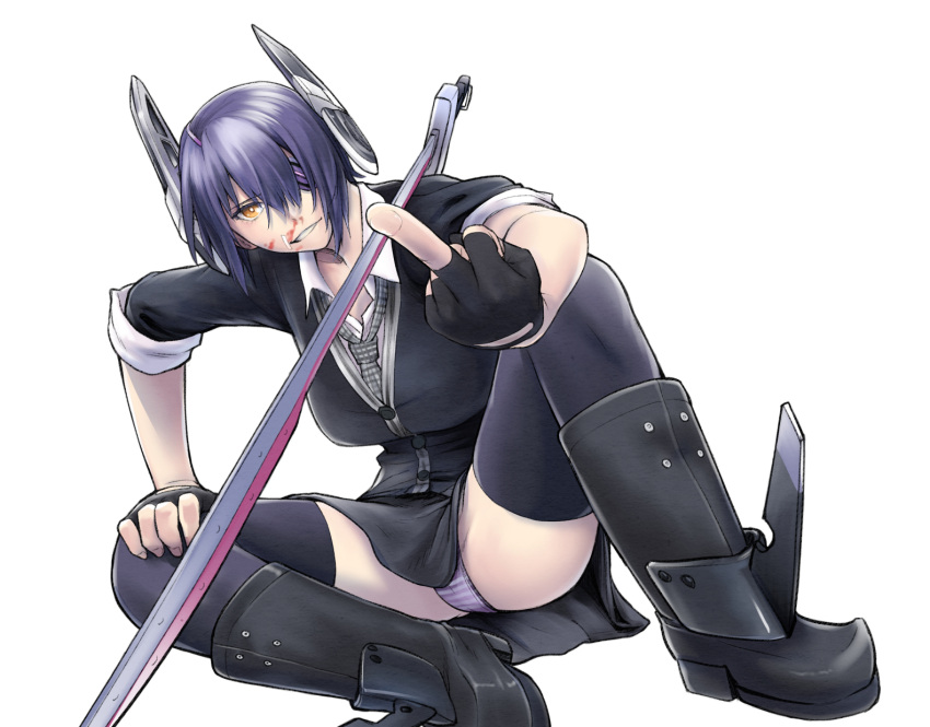 1girl blood boots breasts eyepatch gloves headgear highres injury kantai_collection large_breasts looking_at_viewer middle_finger nujima open_mouth panties purple_hair school_uniform short_hair simple_background skirt smile solo striped striped_panties sword tenryuu_(kantai_collection) underwear weapon white_background yellow_eyes