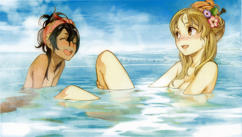 2girls :d ^_^ absurdres atelier_(series) atelier_ayesha ayesha_altugle black_hair blonde_hair breasts brown_eyes closed_eyes dark_skin flower hair_between_eyes hair_flower hair_ornament hair_up hidari_(left_side) highres leaning_back multiple_girls nude onsen open_mouth partially_submerged scan smile wet
