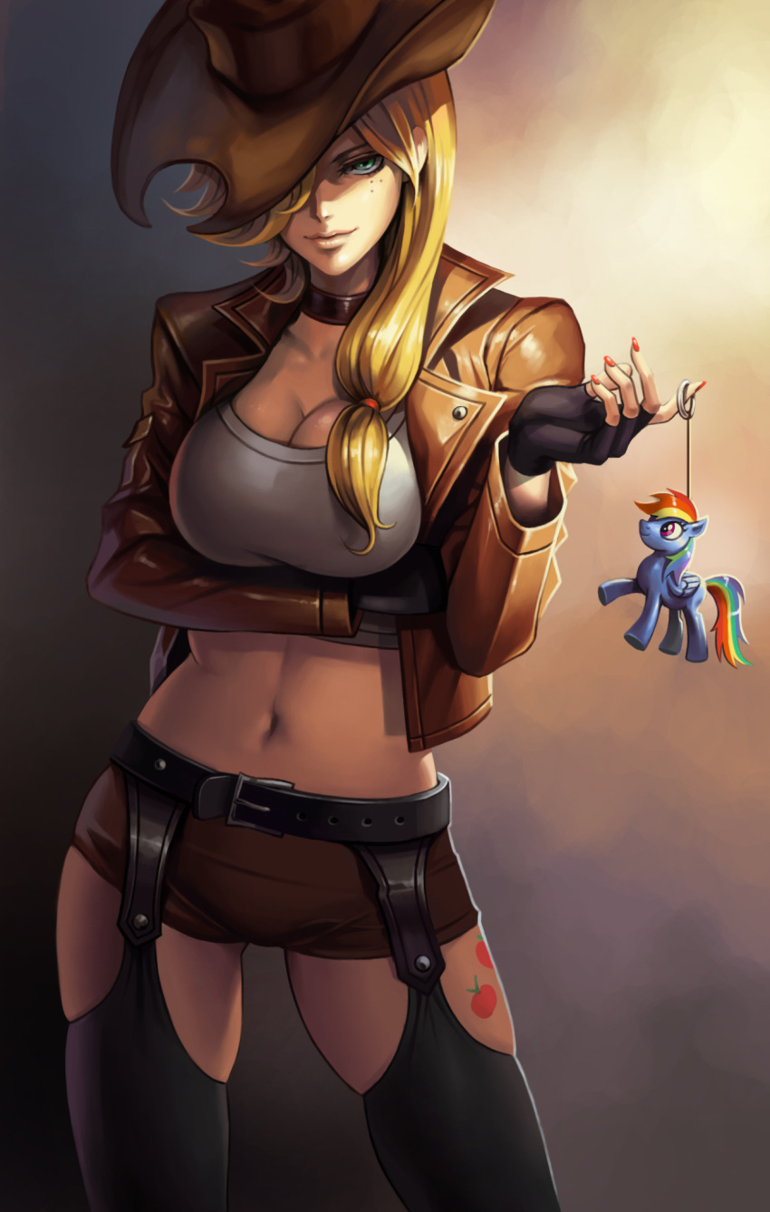 1girl applejack blonde_hair blue_eyes breasts cleavage dantewontdie hat highres long_hair midriff my_little_pony navel personification short_shorts shorts solo thigh-highs