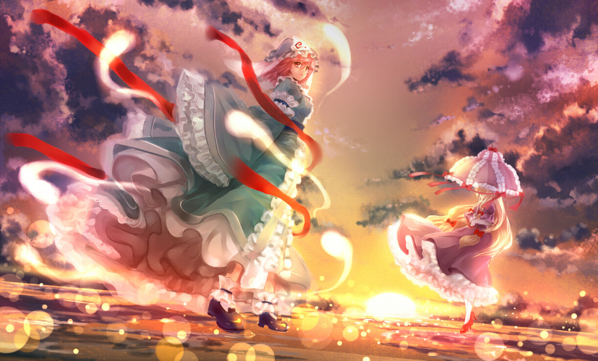 2girls black_shoes blonde_hair bow breasts clouds cloudy_sky covered_eyes dress elbow_gloves expressionless frilled_dress frilled_kimono frills gloves hair_bow high_heels hitodama holding_umbrella japanese_clothes kimono light_particles long_hair long_sleeves mary_janes mob_cap multiple_girls nagare obi parted_lips perspective pink_eyes pink_hair puffy_short_sleeves puffy_sleeves purple_dress red_shoes reflection ribbon saigyouji_yuyuko sash shoes short_sleeves sky socks standing standing_on_water sun sunset touhou triangular_headpiece twilight umbrella veil very_long_hair water white_legwear wide_sleeves wind yakumo_yukari
