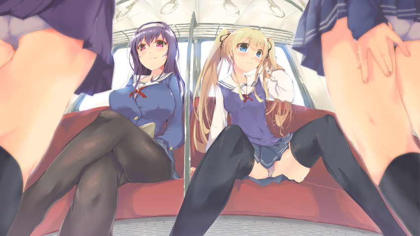 4girls armadillo-tokage ass black_legwear blue_eyes blue_hair breasts crossed_legs from_below hair_tussle hairband highres kasumigaoka_utaha large_breasts long_hair looking_at_another miniskirt multiple_girls panties pantyhose pantyshot pantyshot_(sitting) pantyshot_(standing) red_eyes saenai_heroine_no_sodatekata sawamura_spencer_eriri school_uniform sitting skirt small_breasts spread_legs standing thigh-highs twintails underwear