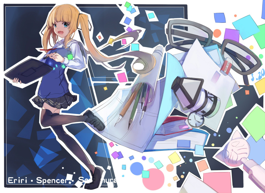 1girl black_legwear blonde_hair blue_eyes book bookmark capelet cat character_name clock container eraser fang glasses graphic_tablet highres ink_pen long_hair long_sleeves paper pen pencil saenai_heroine_no_sodatekata sawamura_spencer_eriri school_uniform shoes skirt solo thigh-highs twintails very_long_hair zzzzxxx2010nian