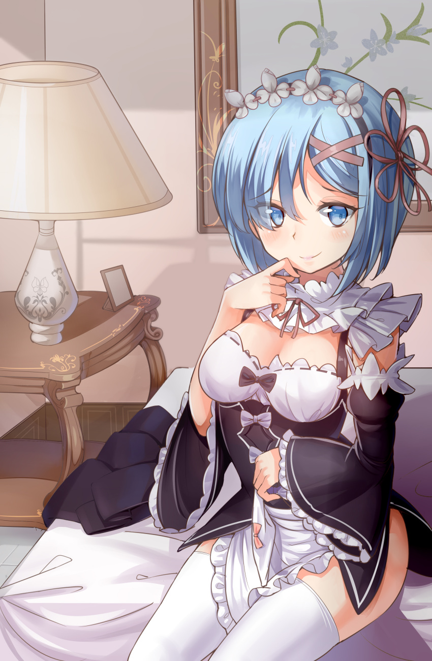 1girl absurdres apron apron_lift bare_shoulders bedroom black_dress blue_eyes blue_hair breasts checkered checkered_floor cleavage_cutout detached_sleeves dress frilled_sleeves frills hair_ornament hair_over_one_eye highres indoors lamp light_smile lips looking_at_viewer maid maid_headdress medium_breasts on_bed ootsuki_momiji portrait_(object) re:zero_kara_hajimeru_isekai_seikatsu rem_(re:zero) short_hair sitting sitting_on_bed table thigh-highs thighs waist_apron white_legwear wide_sleeves