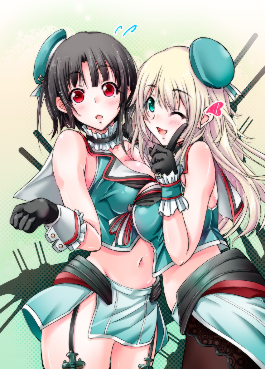 2girls adapted_costume aqua_eyes atago_(kantai_collection) black_hair blonde_hair blush breast_press breasts garter_straps gloves hat highres kantai_collection large_breasts long_hair maya_(kantai_collection)_(cosplay) midriff multiple_girls navel one_eye_closed open_mouth pantyhose red_eyes short_hair sleeveless symmetrical_docking takao_(kantai_collection) thigh-highs tsukineko