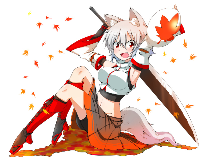 1girl animal_ears arms_up autumn_leaves bare_shoulders bike_shorts blush boots breasts detached_sleeves fang highres inubashiri_momiji katsumi5o large_breasts leaf looking_at_viewer midriff mound_of_venus navel no_hat open_mouth red_eyes shield short_hair silver_hair simple_background sitting skirt solo sword tail touhou weapon white_background wolf_ears wolf_tail