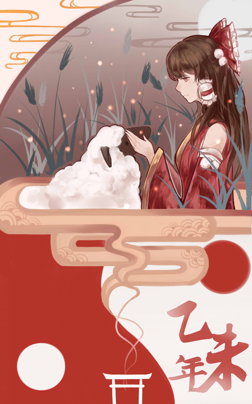 1girl absurdres alternate_costume bow breasts brown_eyes brown_hair day_and_night detached_sleeves egasumi expressionless full_moon hair_bow hair_tubes hakurei_reimu hands_up highres huangshiyu05 long_hair looking_down moon profile reeds ribbon-trimmed_bow sheep sleeves solo torii touhou wide_sleeves yin_yang