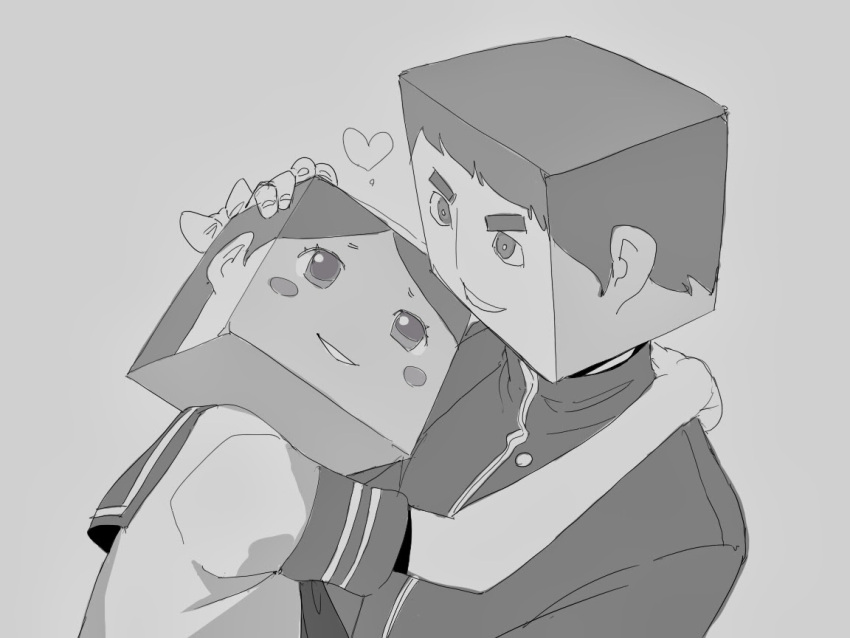 1boy 1girl block_head blush_stickers bow chipokan couple eye_contact eyebrows greyscale hair_bow hand_on_another's_head heart hetero hug looking_at_another monochrome parted_lips school_uniform serafuku simple_background smile thick_eyebrows