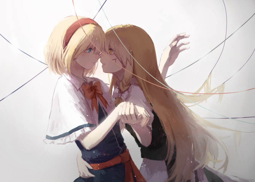 2girls alice_margatroid apron blonde_hair blood blood_on_face blue_dress blue_eyes bow braid capelet dress face-to-face gradient gradient_background hair_bow hair_ornament hairband highres holding kirisame_marisa long_hair looking_at_another mo_(artist) multiple_girls no_hat parted_lips puffy_sleeves ribbon sash shirt short_hair short_sleeves side_braid simple_background single_braid skirt skirt_set string tears touhou vest waist_apron yellow_eyes yuri