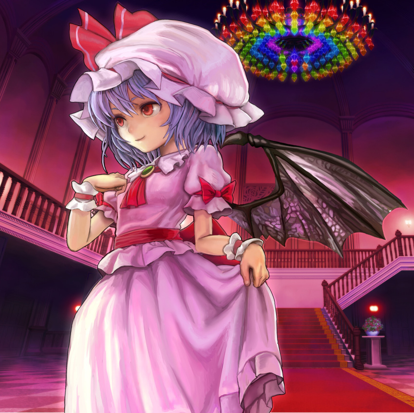 1girl ascot bat_wings blue_hair brooch chandelier checkered checkered_floor facing_away hand_on_own_chest hat hat_ribbon highres houhokekyo indoors jewelry light_smile mob_cap plant potted_plant railing red_carpet red_eyes remilia_scarlet ribbon sash short_hair short_sleeves skirt skirt_hold skirt_set solo stairway touhou wings wrist_cuffs