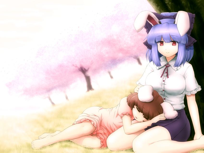 2girls alternate_hairstyle animal_ears bare_legs barefoot bow breasts brown_hair carrot cherry_blossoms closed_eyes dress hair_bow highres inaba_tewi lap_pillow large_breasts long_hair lying lying_on_lap multiple_girls on_ground on_side pink_dress ponytail puffy_short_sleeves puffy_sleeves purple_hair rabbit_ears red_eyes reisen_udongein_inaba shirosato shirt short_hair short_sleeves sitting skirt sleeping touhou tree wariza