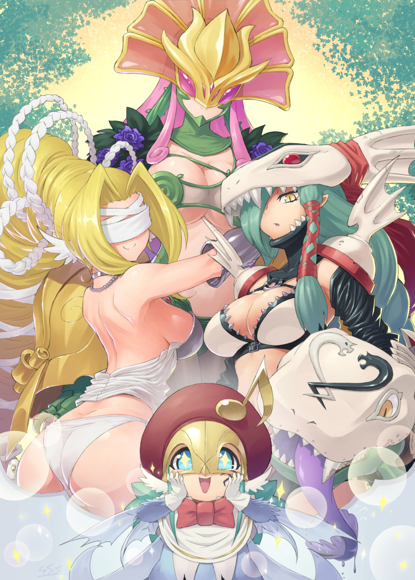 +_+ 4girls :d :o aqua_hair armor ass bare_shoulders bird blindfold blonde_hair blue_eyes bow breasts bubble buckle ceresmon choker claws cleavage crack digimon dove feathers female flower gauntlets gloves hair_over_one_eye hair_tubes hands_on_own_cheeks hands_on_own_face head_wings helmet highres imagining jewelry kazkazkaz large_breasts lips long_hair looking_at_viewer mask mervamon multiple_girls navel necklace open_mouth pink_hair pointy_ears seirenmon sharp_teeth shiny shiny_hair shiny_skin shoulder_blades shoulder_pads signature slit_pupils smile snake sparkle spikes tongue tongue_out under_boob venusmon very_long_hair vines violet_eyes yellow_eyes