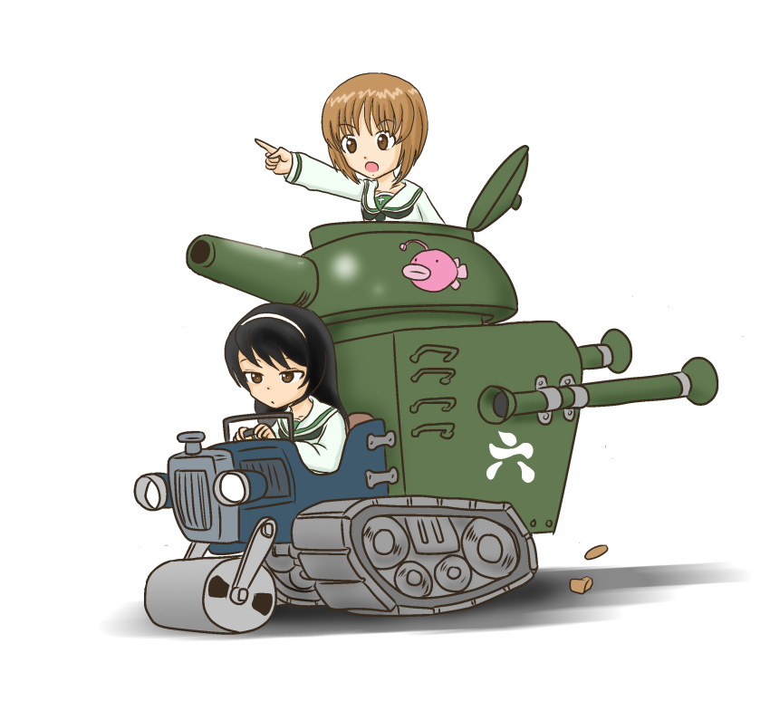 2girls crossover girls_und_panzer gun highres isuzu_hana military military_vehicle multiple_girls nishizumi_miho recoilless_rifle tank vehicle wacky_races weapon